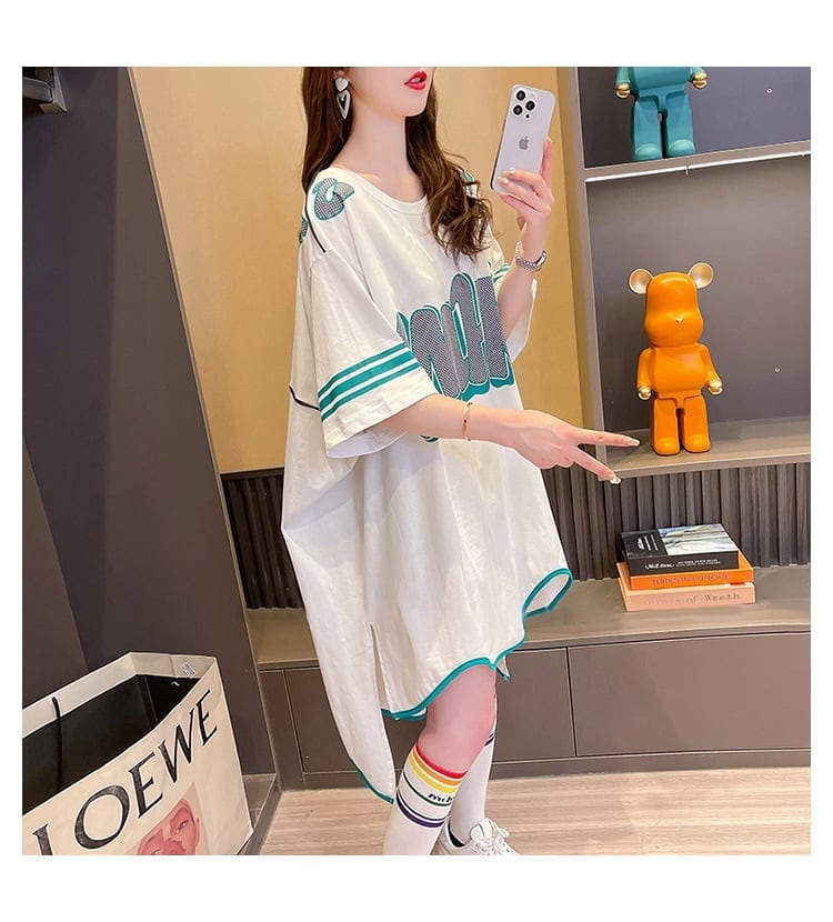 おしゃれ度アップ アルファベット フィッシュテール プリントTシャツ ゆったり半袖<S-3012>