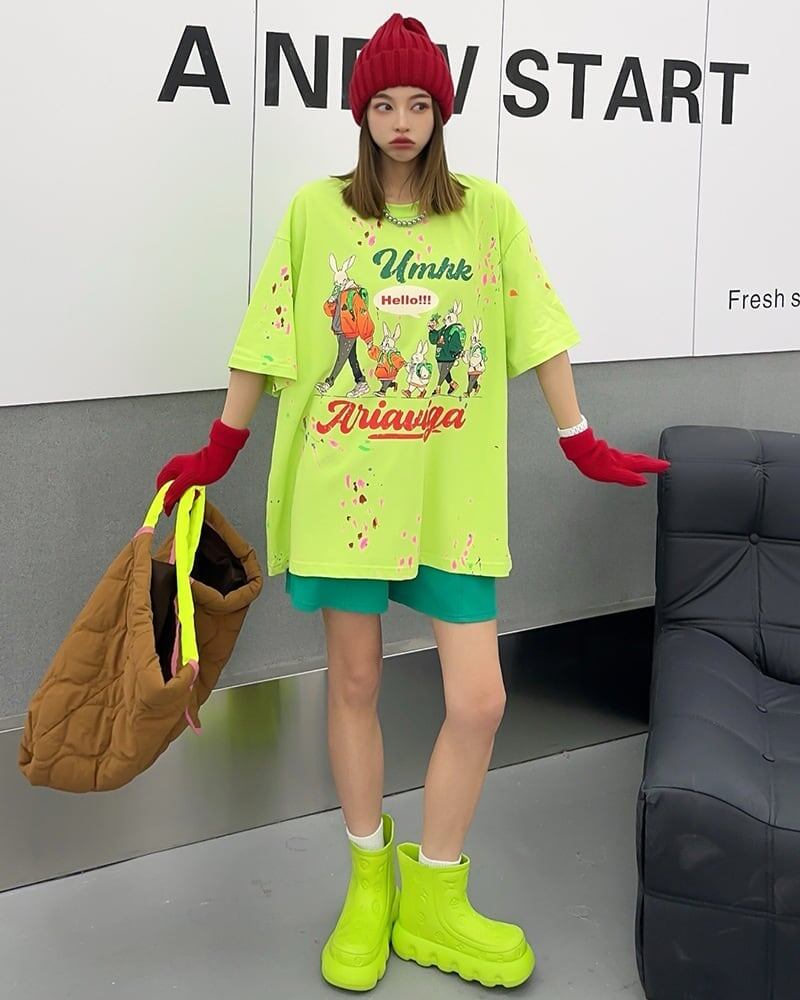 早い者勝ち キュート ファッション ルーズ 落書き風 プリント半袖Tシャツ 全3色<S-4913>