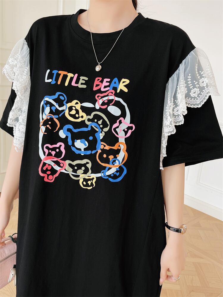 おすすめ レース ファッション 切り替え プリント Tシャツ カットソー ワンピース<S-8535>