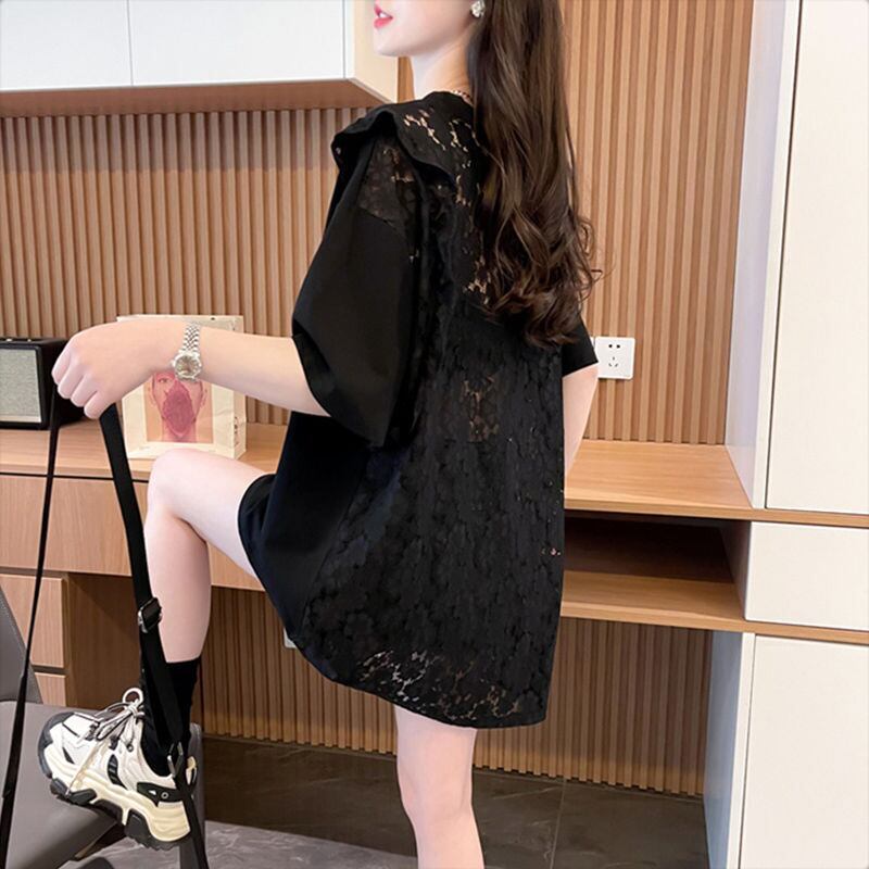 【半額!期間限定!!】着回し力抜群 切り替え プリント レース 切り替え ゆったり半袖 Tシャツ <S-8527>