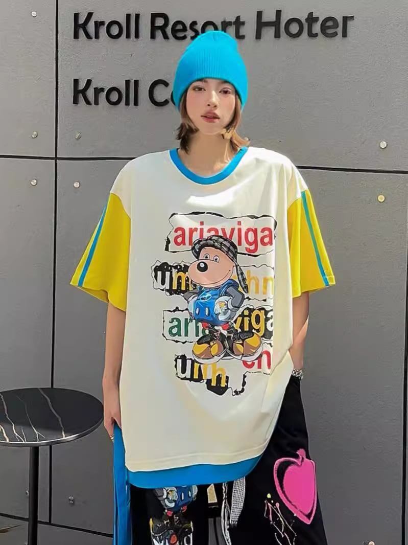 話題沸騰中 ゆったり カジュアル プリント カラーマッチング 半袖Tシャツ<S-8067>