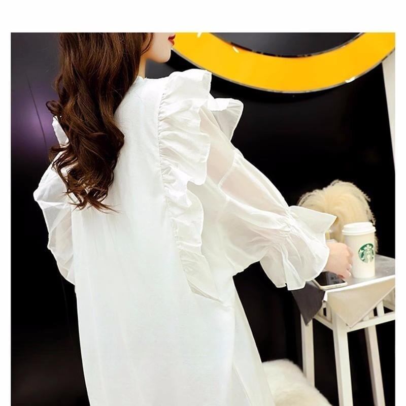女子力アップ アルファベット パフスリーブ プリント ロングTシャツ ゆったりワンピース <S-3054>
