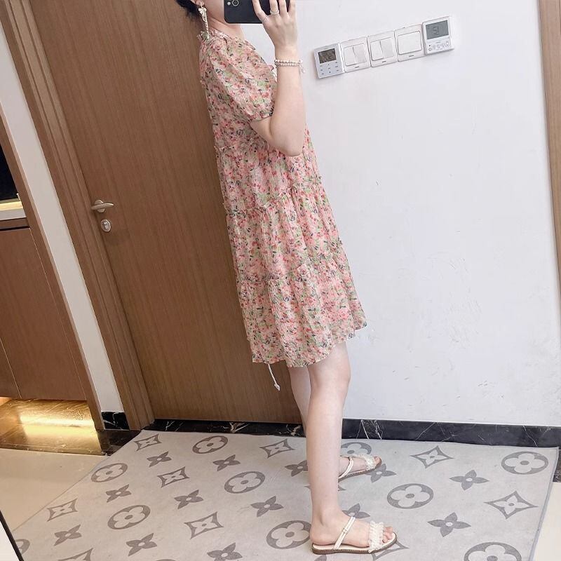 絶対欲しい スウィート 上品 シフォン 花柄 半袖 ワンピース<S-8176>