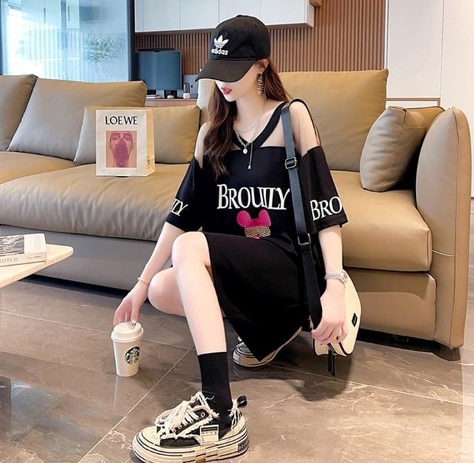 売り切れ必至 Vネック セクシー 切り替え チュール プリントTシャツ ゆったりワンピース <S-3050>