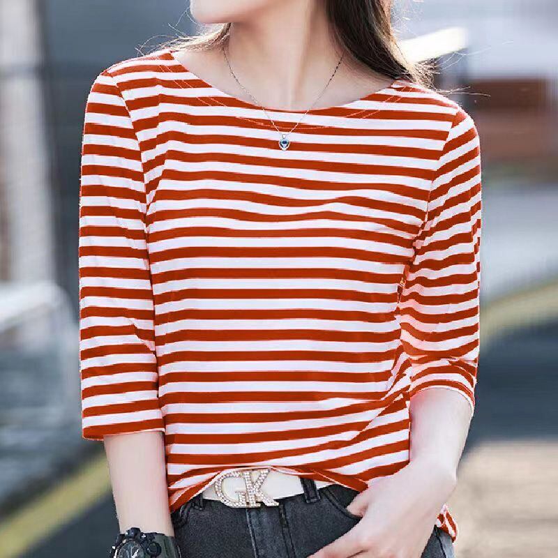 お買い得 定番シンプル 大活躍 着心地抜群 ストライプ柄 全4色 7分袖 Tシャツ <S-9134>