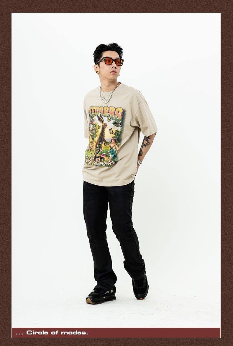 アメリカンレトロ絵画ウサギ半袖Tシャツカップル男女同スタイル<S-2910>