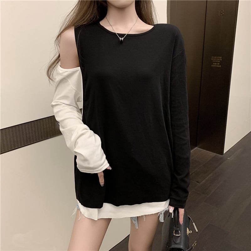 ファッション 高級感溢れた ラウンドネック 切り替え 配色 Tシャツ カットソー<isf-2346>