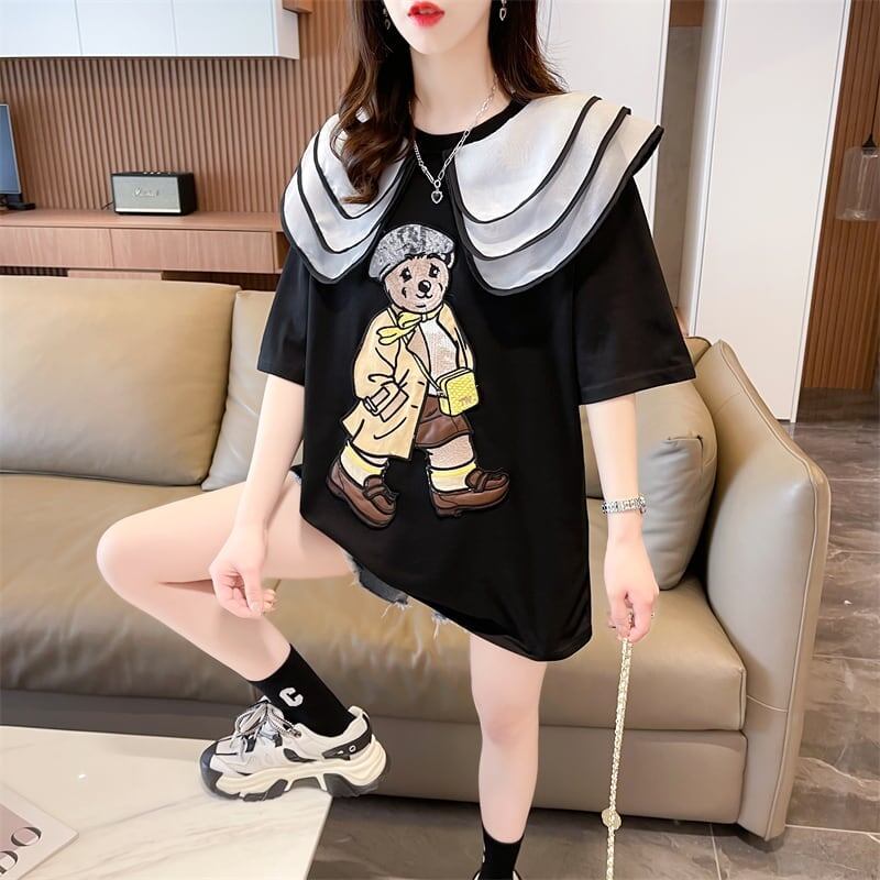 カレッジスタイルのゆったりとしたウエスタンスタイルのネイビーカラー漫画柄Tシャ<S-2897>
