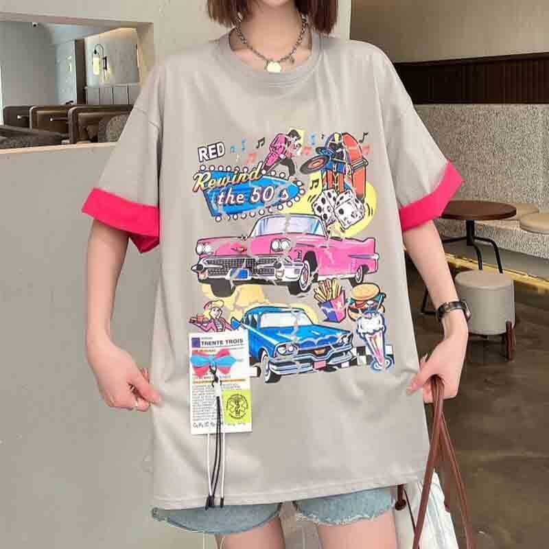 着心地抜群 カートゥーンプリント 美感いっぱい Tシャツ カットソー<S-3126>