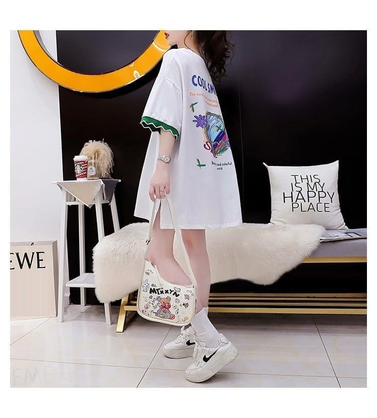 アルファベット プリント ドロップショルダー ロングTシャツ ゆったり<S-2888>