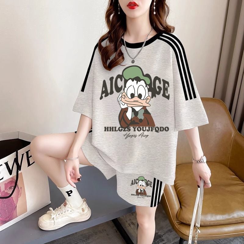 カジュアル レトロ プリント Tシャツ + ショートパンツ セットアップ <S-13185>