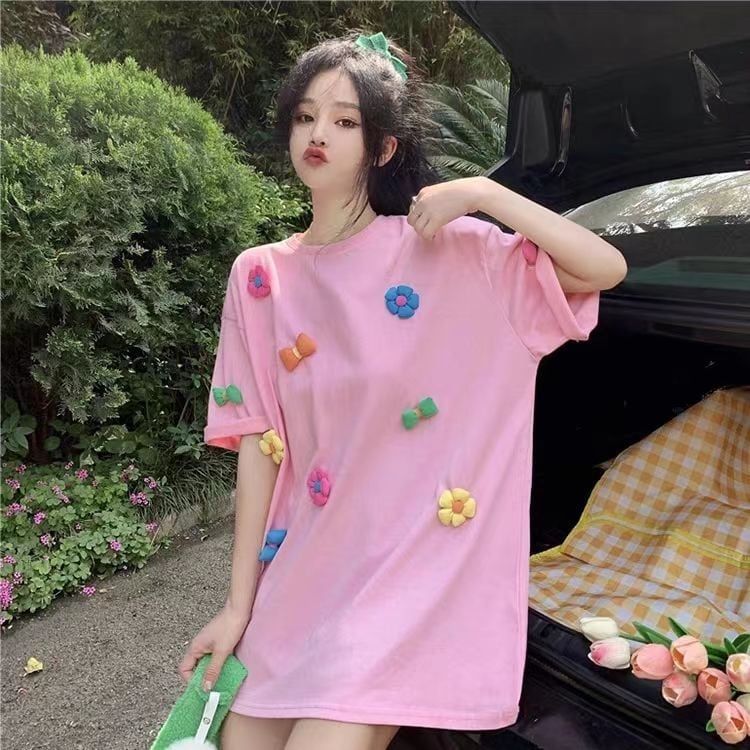 着回し力抜群 スウィート キュート 3Dフラワー ゆったり 全2色 半袖Tシャツ<S-8824>