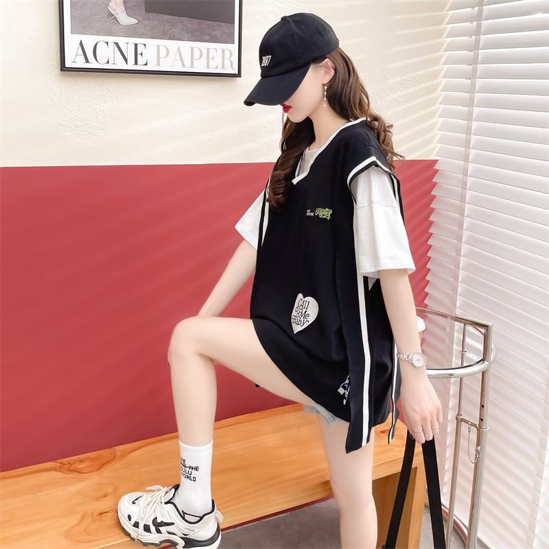 おすすめ アバンギャル 大活躍 ドレイヤード風 切り替え 全2色 半袖Tシャツ<S-8752>