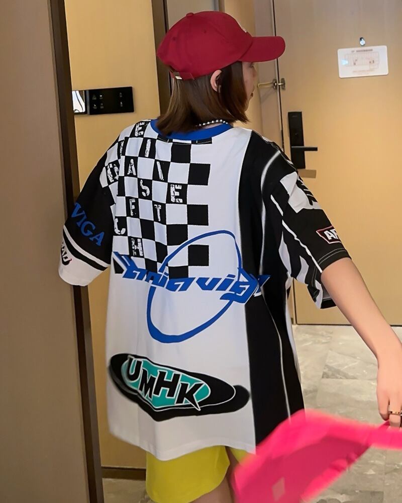 スタイルアップ効果抜群 レース アバンギャルド ダブルプリント全2色 半袖Tシャツ<S-8980>