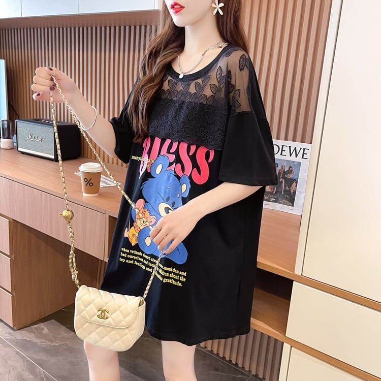 ファッションデザインレースミドル丈半袖Tシャツ<S-3017>