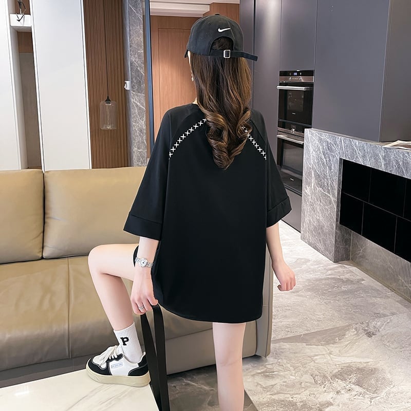 超人気商品 ロング アルファベット プリントTシャツ 三色 ゆったり半袖 <S-4019>