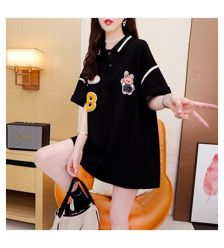 韓国系 ロング POLOネック Tシャツ 四色 ゆったり半袖 <S-2869>