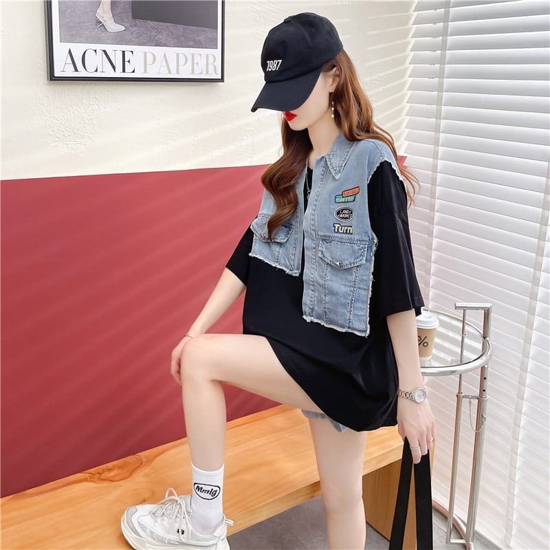 ウエスタンテイストのエイジレスなデザインセンスのデニム継ぎ半袖Tシャツ<S-2912>