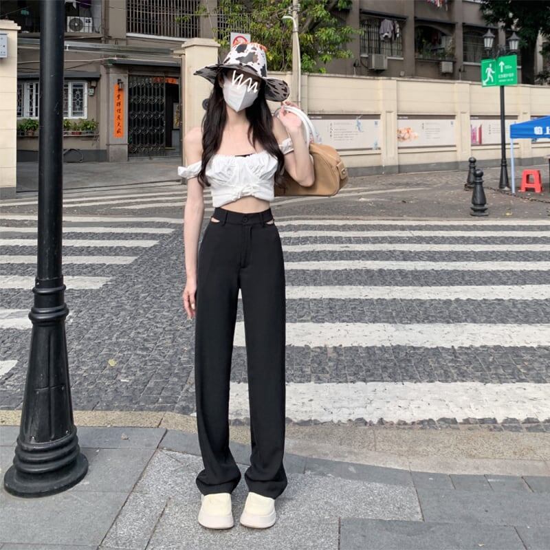 細身効果抜群 ハイウエスト 美感いっぱい ワイドパンツ ボトムス<S-3033>