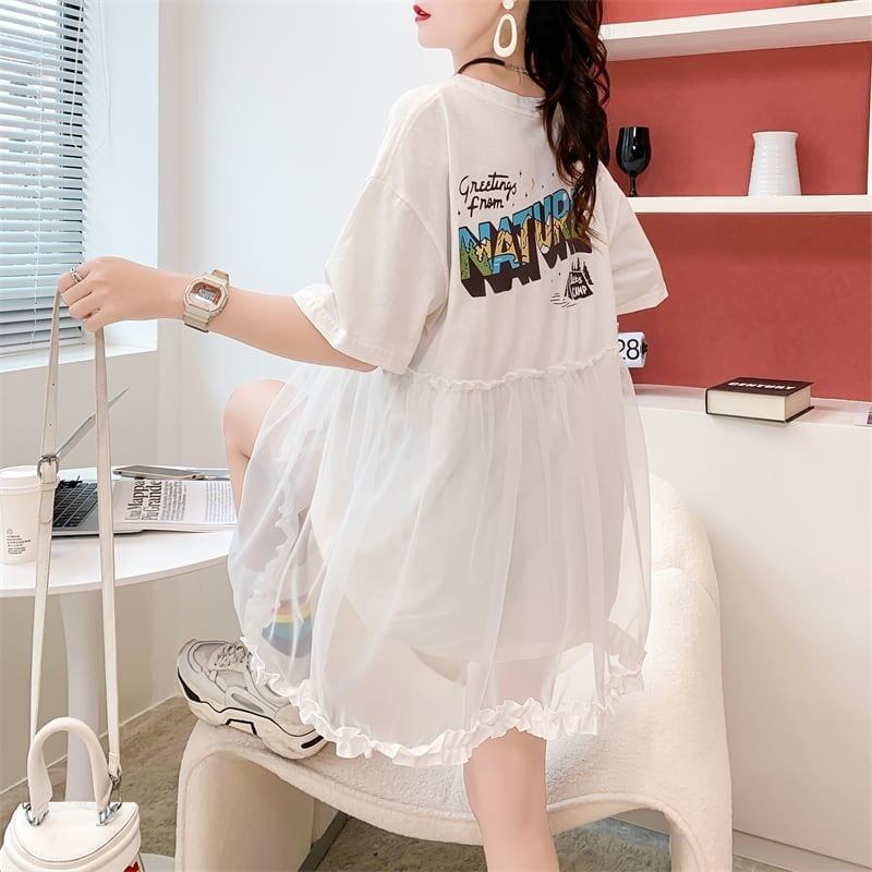 デザインセンスレースステッチフェイクツーピース半袖Tシャツワンピース<S-2964>