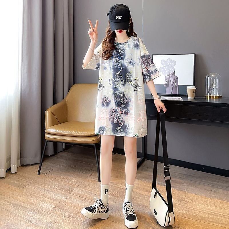 大好評 絞り染め クマ柄 ロング Tシャツ ゆったり半袖 <S-3990>