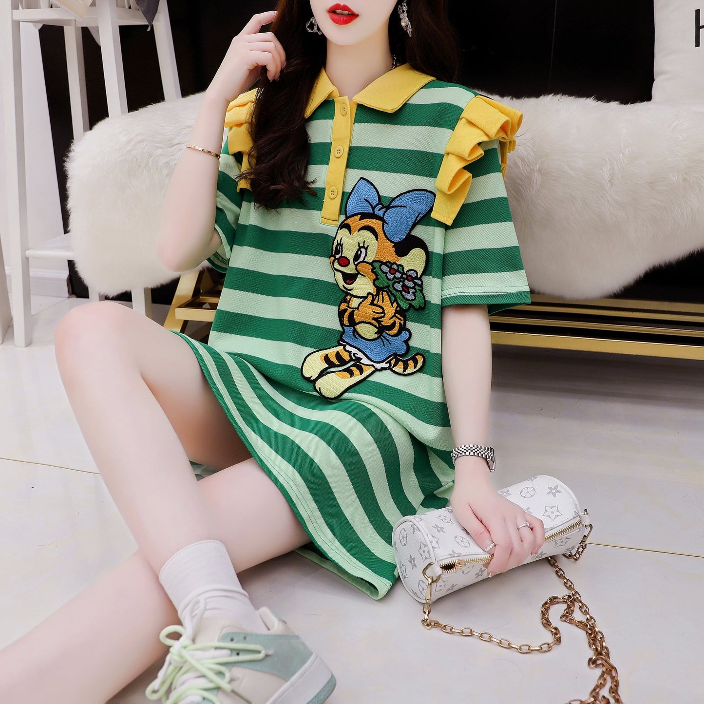 個性的なデザイン プリント オシャレ度満点 Tシャツ カットソー ワンピース<S-3514>