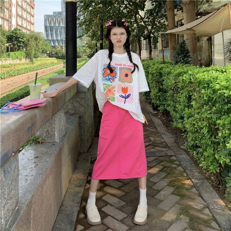 新作 プリント 透かし彫り ゆったり 半袖 Tシャツ <S-8089>