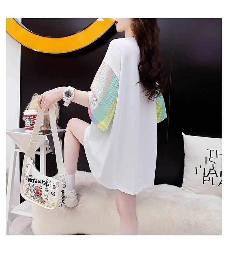 大好評 プリントTシャツ スパンコール切り替え ゆったり半袖<S-2890>
