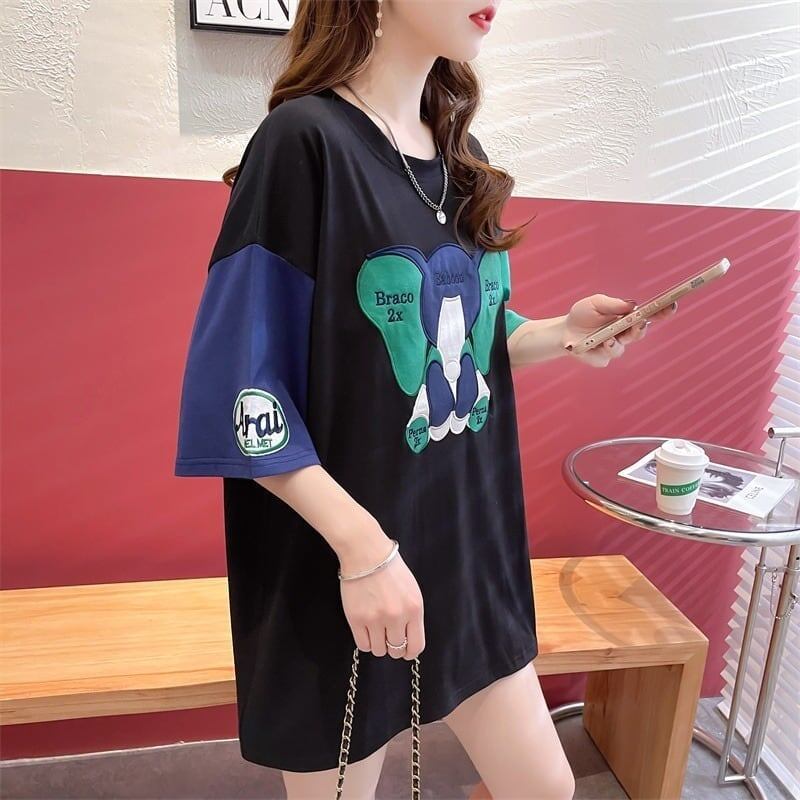 気質漫画カラーマッチング偽ツーピース半袖Tシャツ<S-2997>