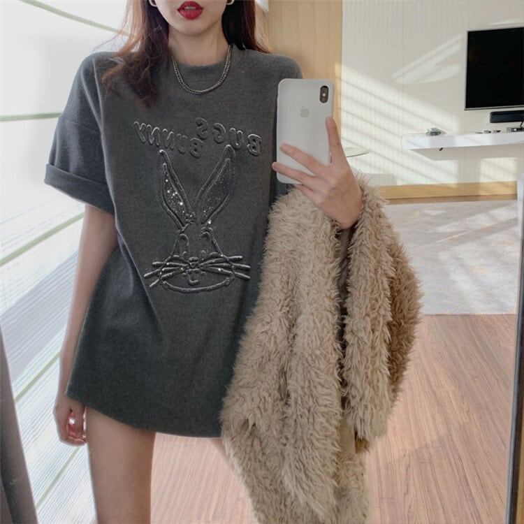 美人度アップ ウサギ ビジュー ロング Tシャツ 三色 ゆったり半袖<S-2945>