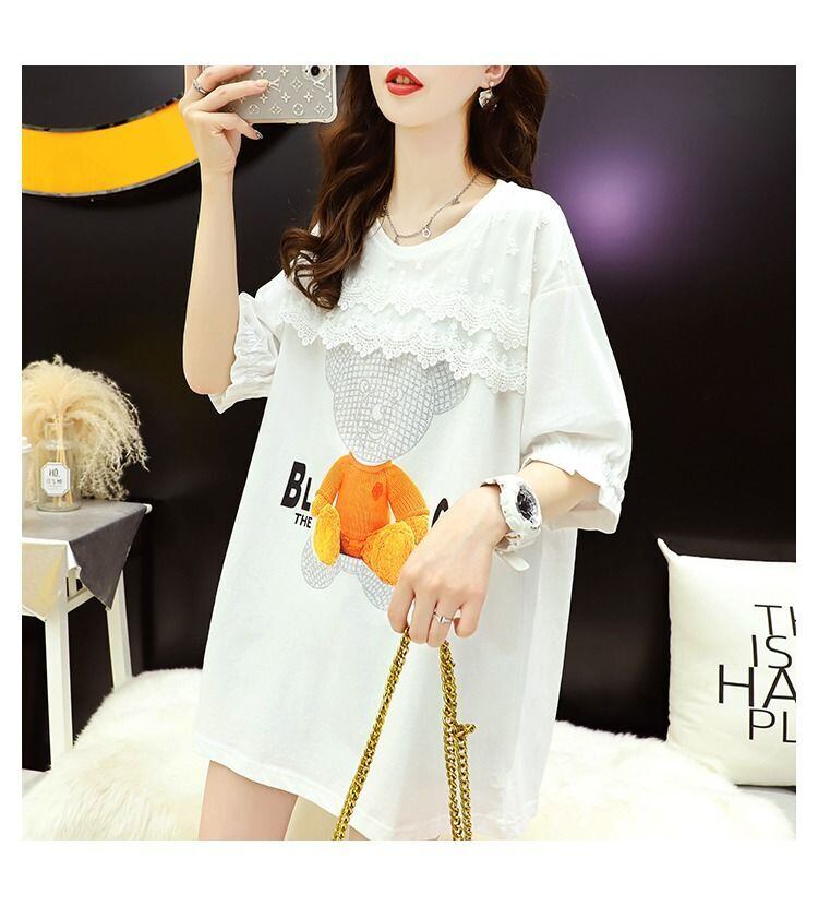 超人気 レース プリント 切り替え ホットダイヤモンド 半袖 Tシャツ <S-8524>