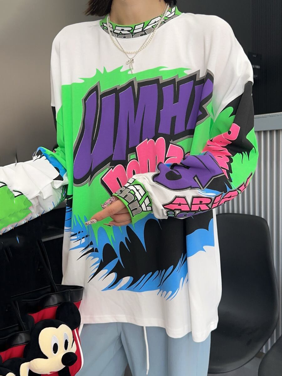 着回し力抜群 アバンギャルド 個性的なデザイン プリント全2色 Tシャツ<S-9225>