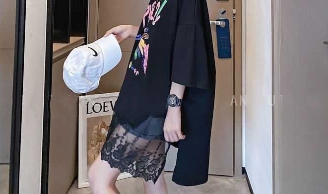 スウィート 花柄 レース アルファベット プリント ロングTシャツ ゆったり半袖<S-2952>