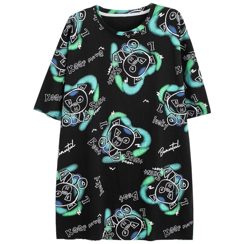 好感度満載 プリント 美感いっぱい Tシャツ カットソー ワンピース<S-3501>