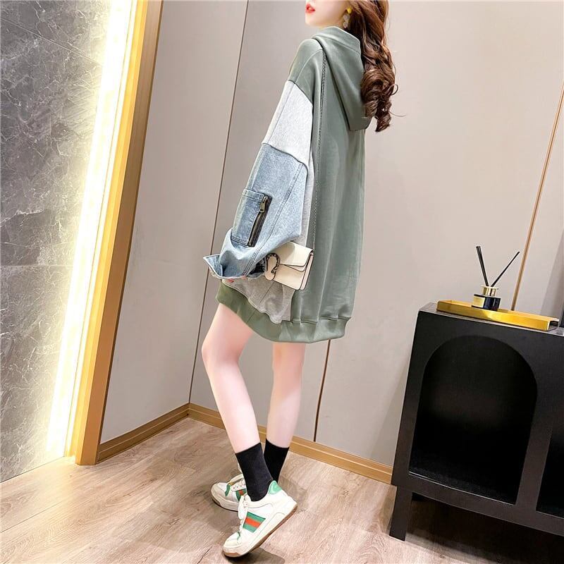 特別デザイン韓国系ゆったり切り替えデニムフード付きスウェット<S-1592>