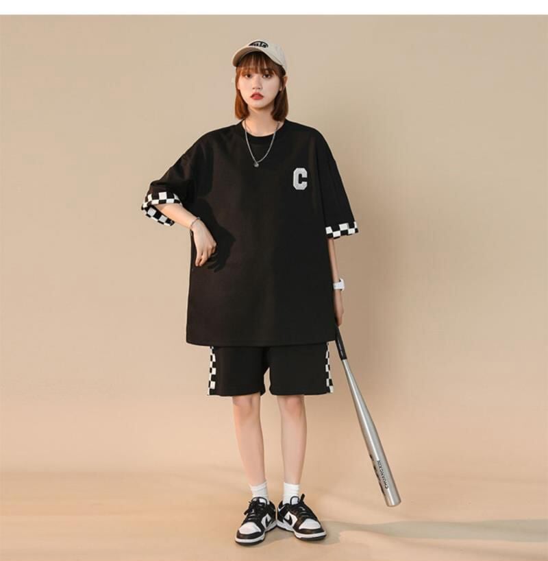 超人気 ルーズ アメリカンスタイルのカジュアルなクロップドジャケット<S-5164> 半袖Tシャツⅹパンツセット全2色 <S-8209>