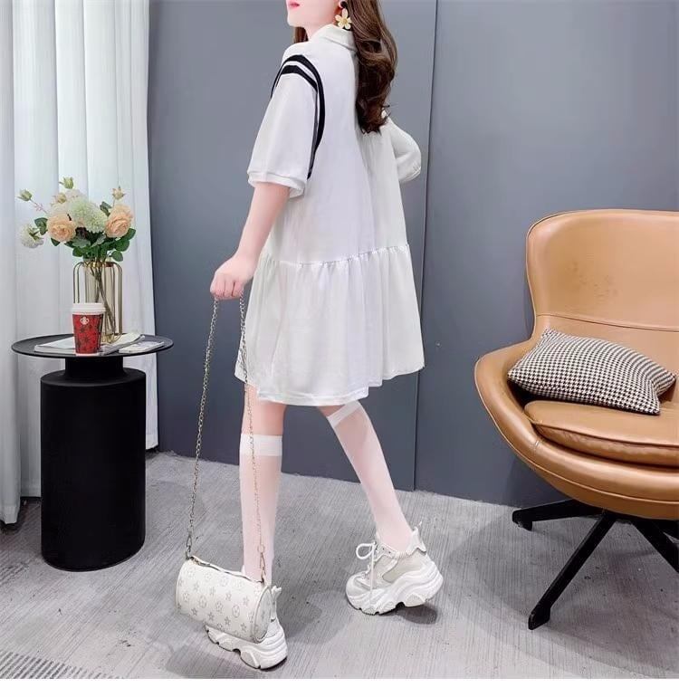 女子力アップ POLOネック 韓国系 ロング Tシャツ 二色 ゆったりワンピース <S-2937>