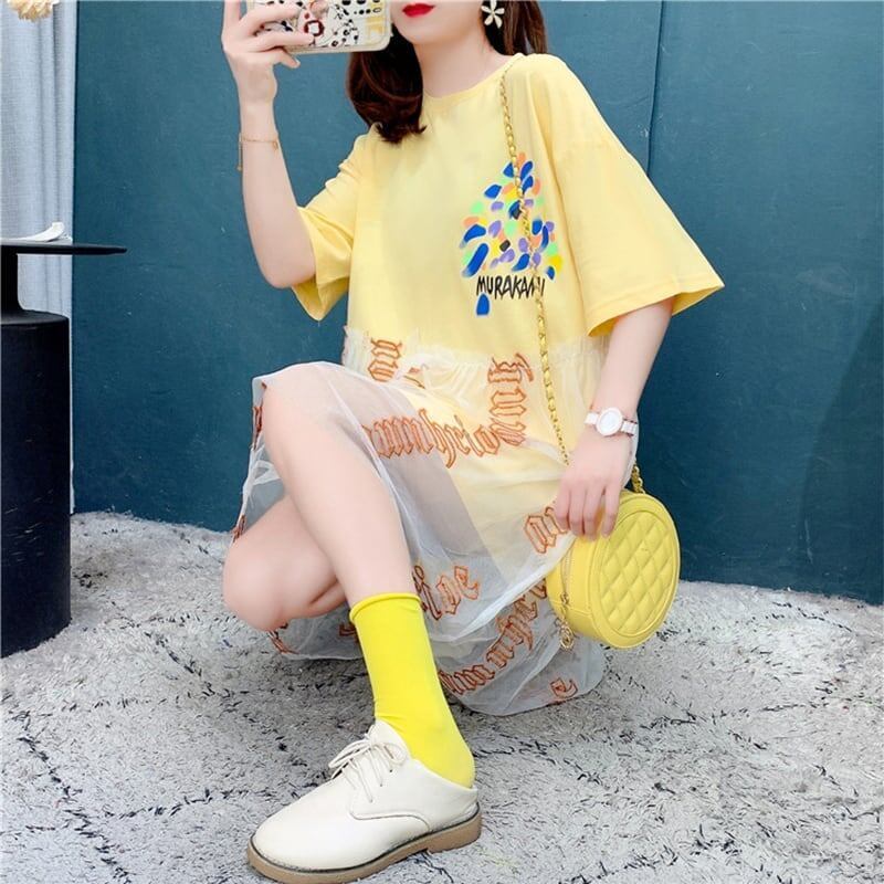 個性的なデザイン プリント 着心地抜群 Tシャツ カットソー ワンピース<S-3607>