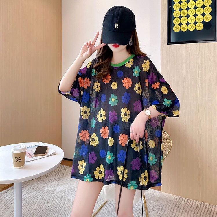 大人可愛い 半袖 紫外線対策 ラウンドネック ルーズ Tシャツ <S-8642>