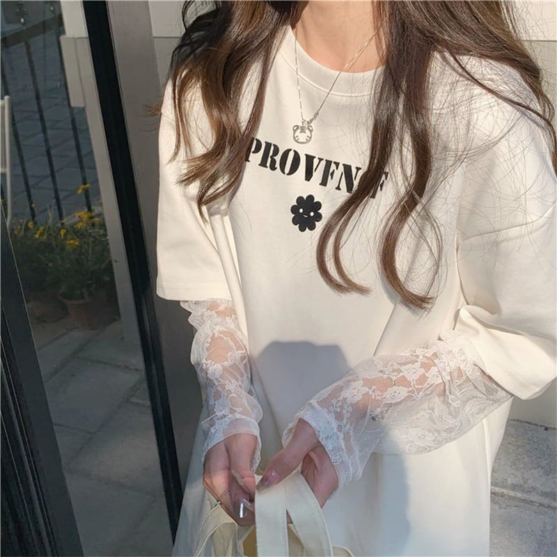 スタイリッシュ 一目惚れ 切り替えレース Tシャツ カットソー トップス<isf-2972>