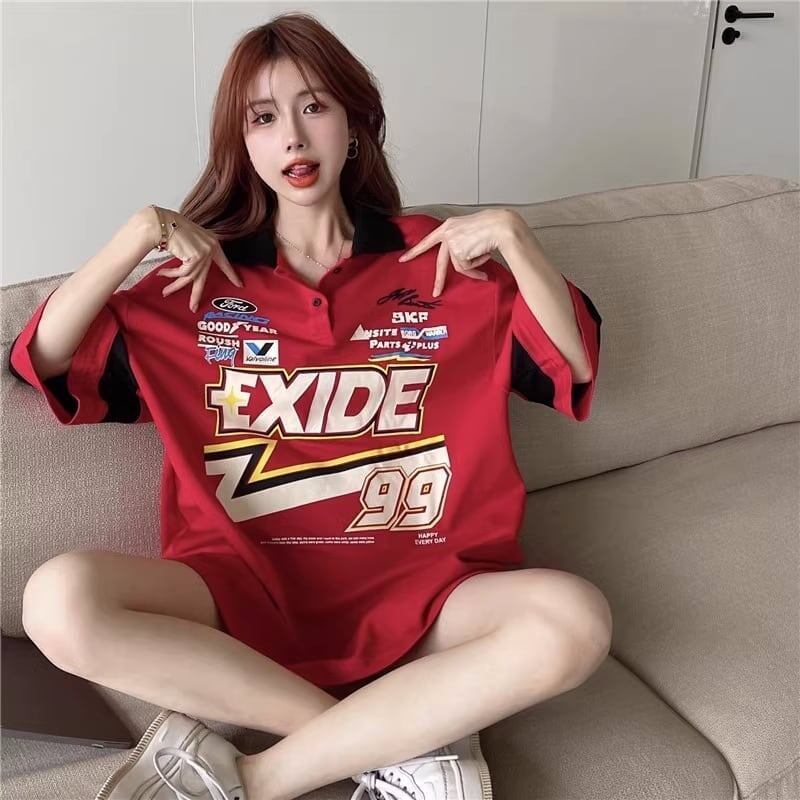 韓国系 オーバーサイズ POLOネック グラフィック ロング Tシャツ 三色 ゆったりワンピース<S-4025>