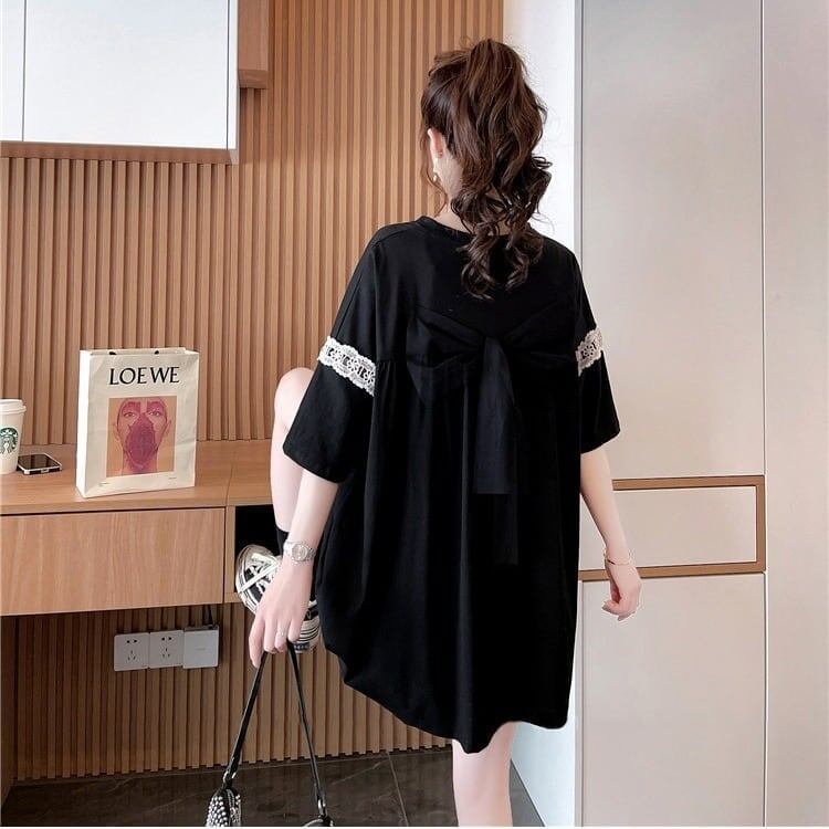 着心地良い レース切り替え リボン プリントTシャツ ゆったり半袖<S-2889>