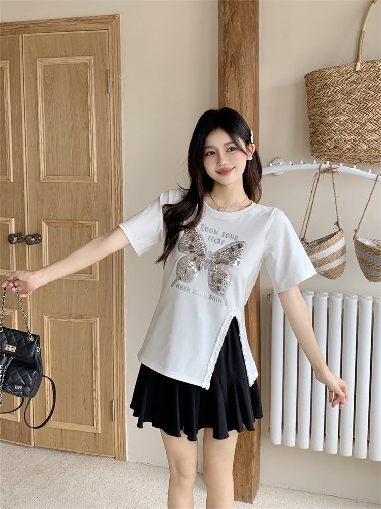 絶対欲しい キュート 超人気 ピンク プリント スパンコール 3色選択 半袖Tシャツ<S-8570>