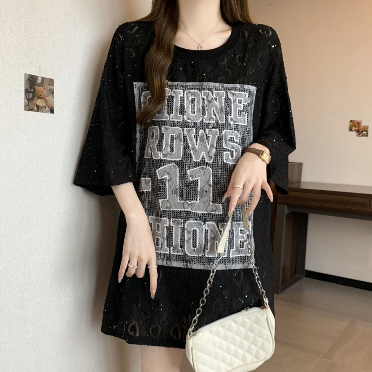 超人気 アバンギャルド 絶対流行 レース プリント全2色 半袖Tシャツ<S-8798>