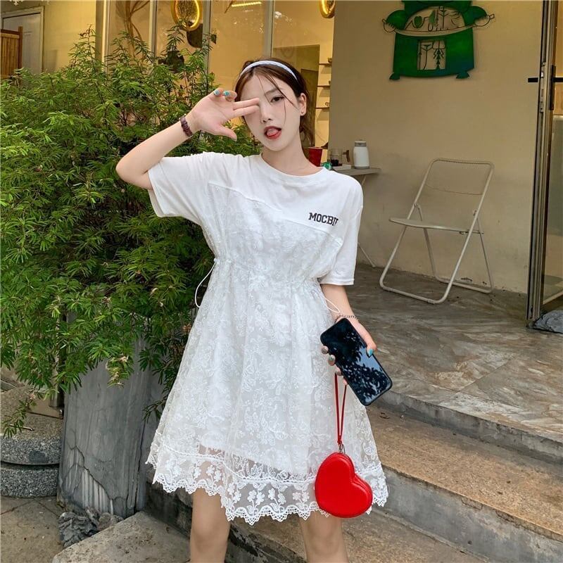 売れ筋 切り替え レース フェイクレイヤード 膝丈 半袖 Tシャツワンピース <S-1953>