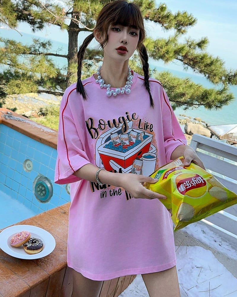 着?せ ゆったり ビッグロゴ ロングTシャツ 半袖 ワンピース<S-4859>