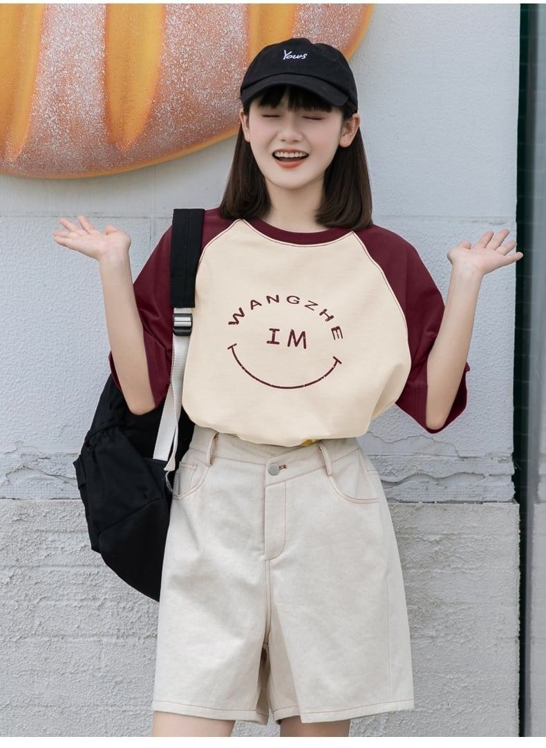 カラーマッチング スマイル ラグランTシャツ アルファベットプリント半袖 <S-2972>
