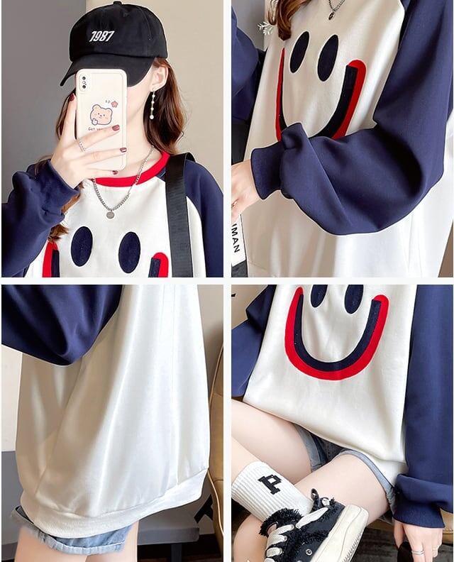 秋の新作スマイル長袖Tシャツトップス<S-5028>