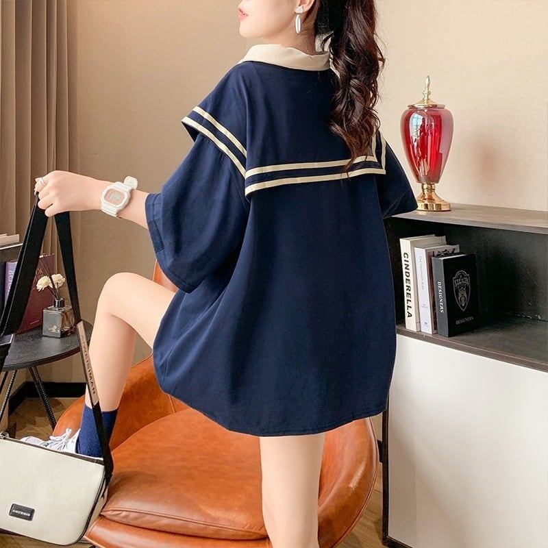 絶対欲しい ロング セーラーカラー Tシャツ 三色 ゆったりワンピース<S-4028>