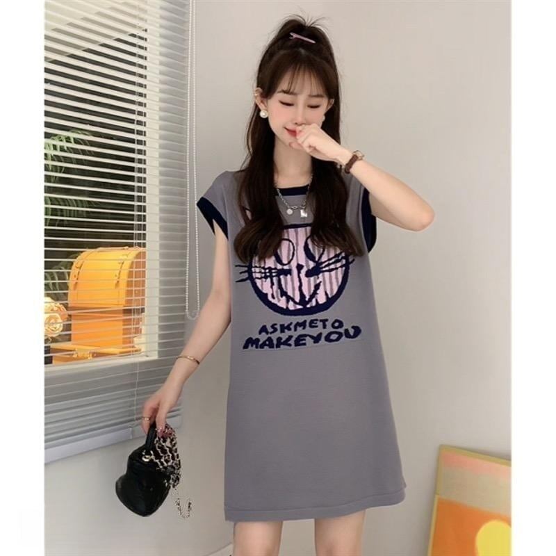 好感度100% プリント 可愛い猫柄 ロング Tシャツ ゆったり半袖 <S-2867>